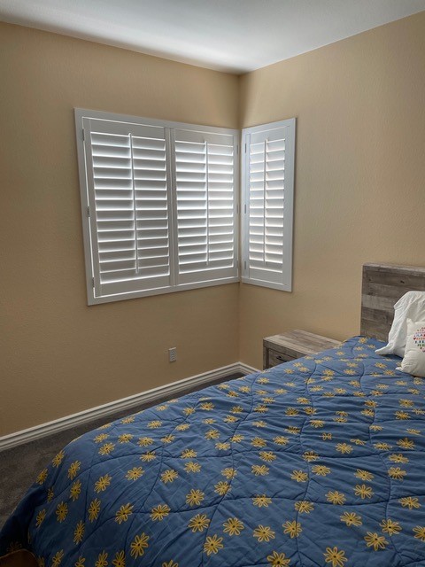 modern z frame shutters in solid basswood bedroom